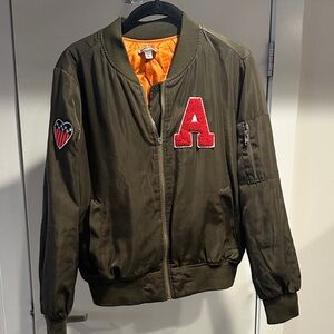 Olive Bomber Jacket with Red Patch